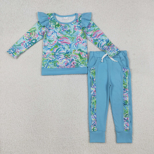 GLP2832 Baby Girls Blue Watercolor Floral Top Pockets Jogger Pants Clothes Sets
