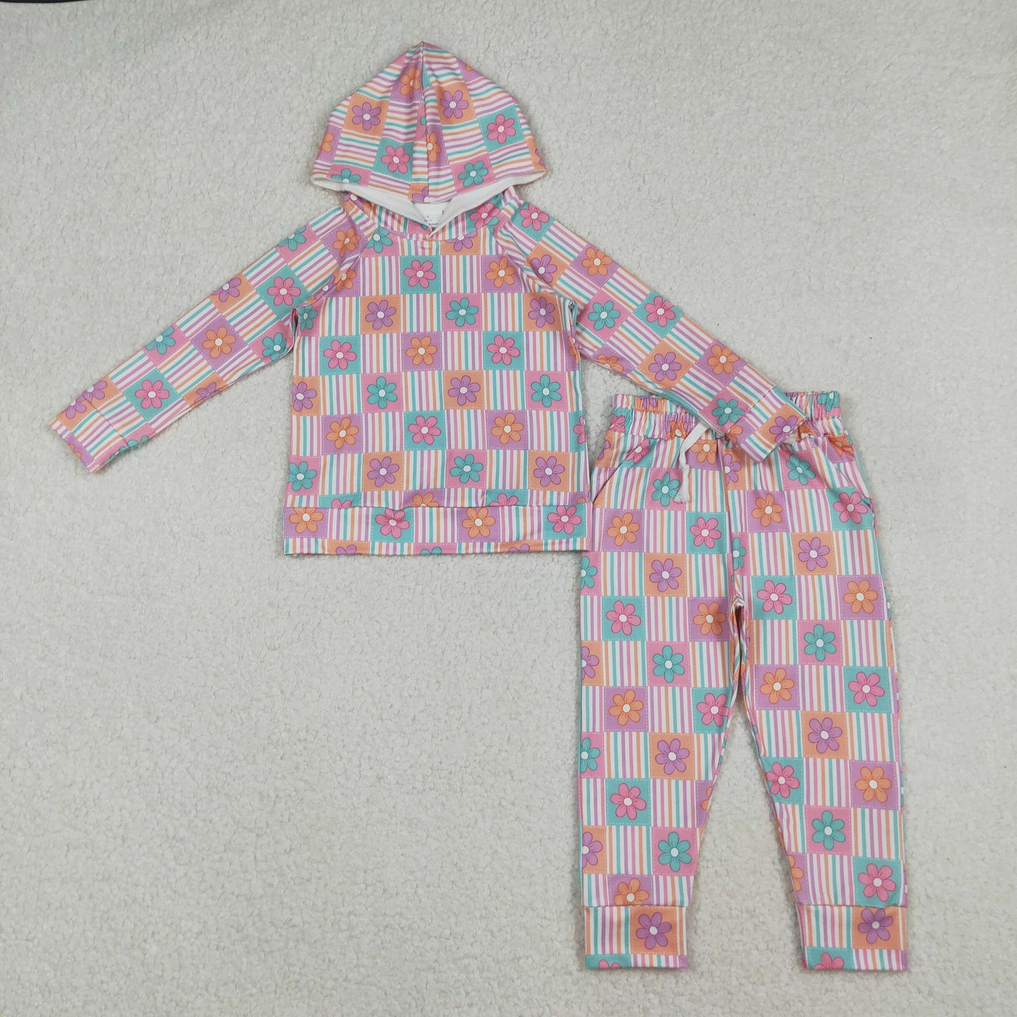 GLP2853 Baby Girls Pink Stripe Checked Flowers Hoodie Leggings Pant Clothes Sets