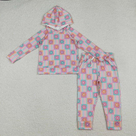 GLP2853 Baby Girls Pink Stripe Checked Flowers Hoodie Leggings Pant Clothes Sets
