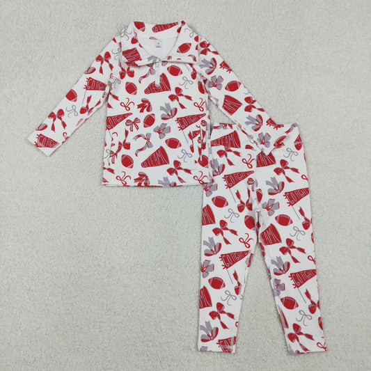 GLP2860 Baby Girls Red Bows Footballs Zipper Pullovers Legging Pants Team Yoga Active Clothes Set