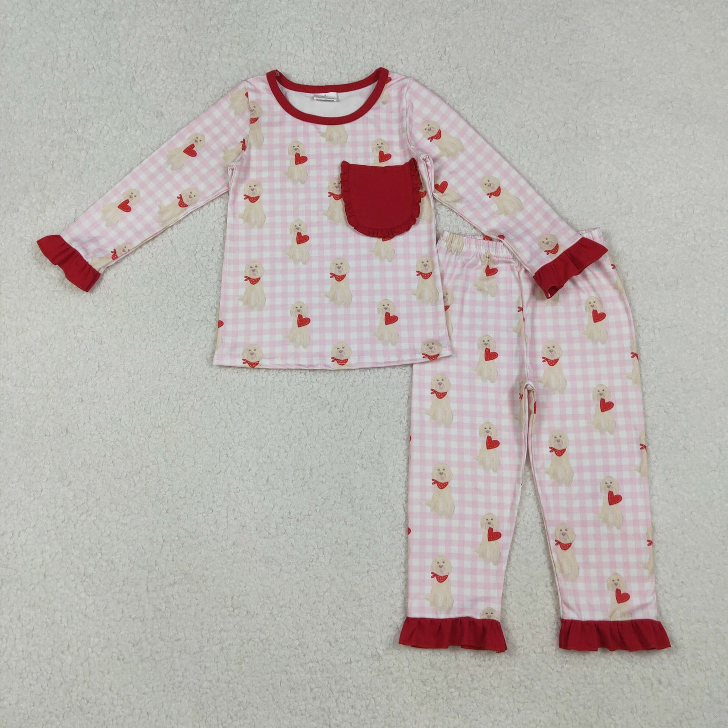 GLP2880 Baby Girls Pink Checked Dogs Hearst Pockets Ruffle Pants Valentine Pajamas Set