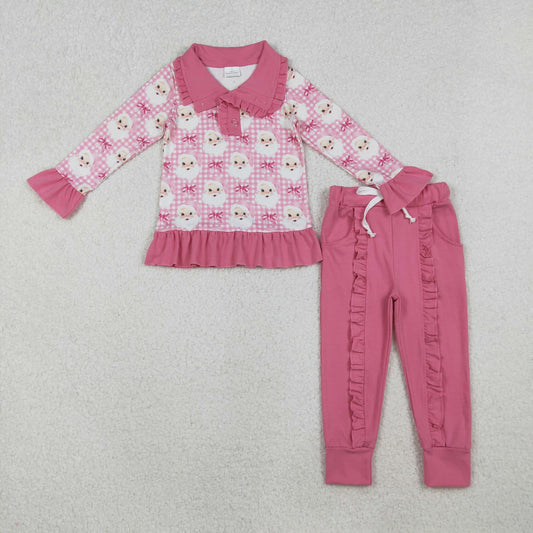 GLP2881 Baby Girls Pink Checked Santa Button Top Ruffle Pockets Pant Christmas Clothes Sets