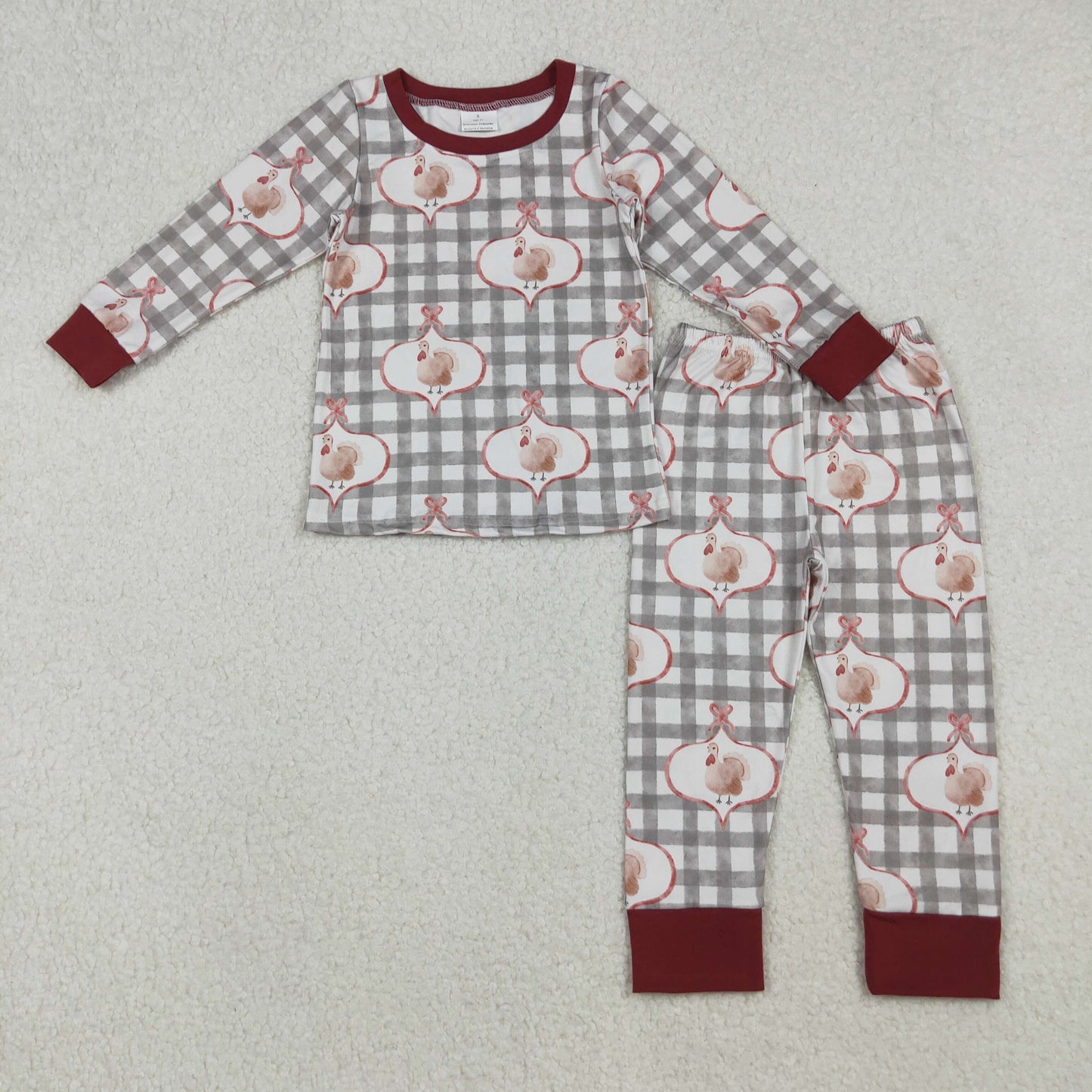 GLP2885 Baby Girls Turkey Checked Top Pants Thanksgiving Pajamas Sets