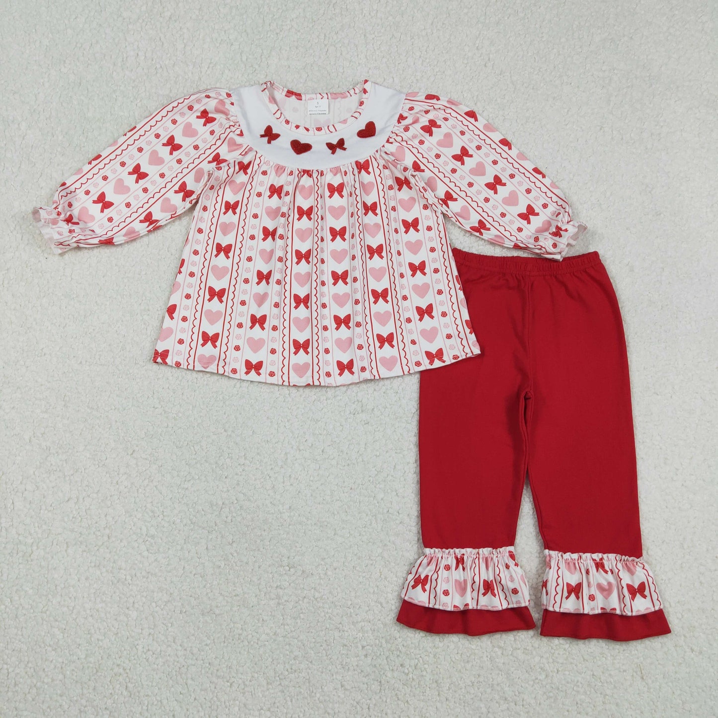GLP2888 Baby Girls Embroidery Bows Hearts Stripe Tunic Ruffle Pants Valentines Clothes Sets