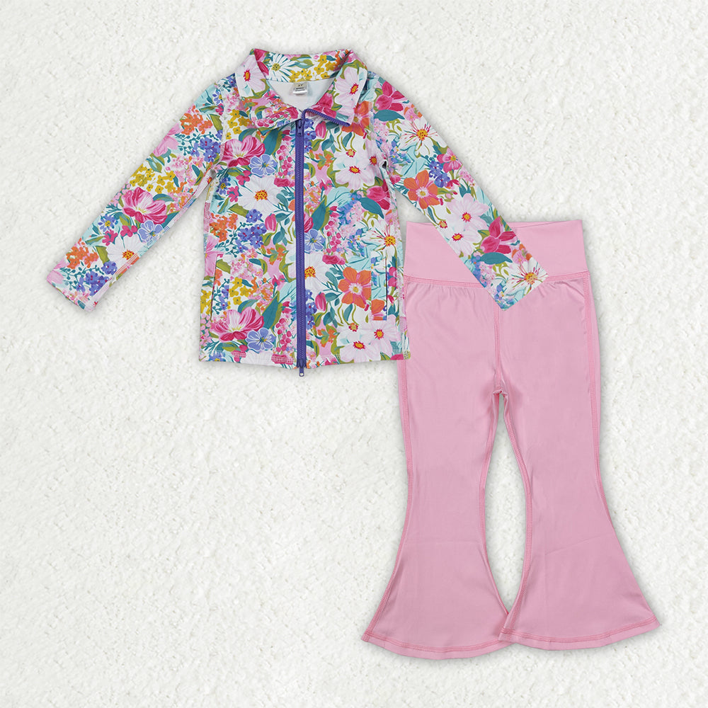 GLP2894 Baby Girls Floral Zipper Jacket Light Pink Bell Bottom Pants Yoga Active Clothes Sets