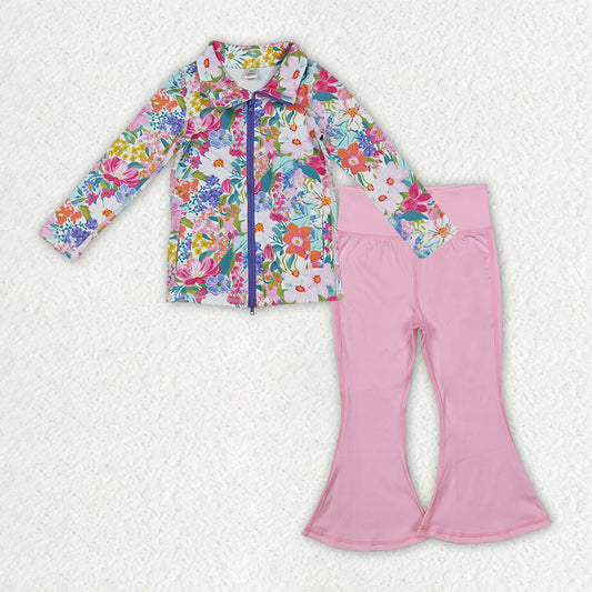 GLP2894 Baby Girls Floral Zipper Jacket Light Pink Bell Bottom Pants Yoga Active Clothes Sets