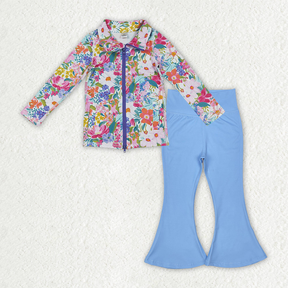 GLP2895 Baby Girls Floral Zipper Jacket Blue Bell Bottom Pants Yoga Active Clothes Sets