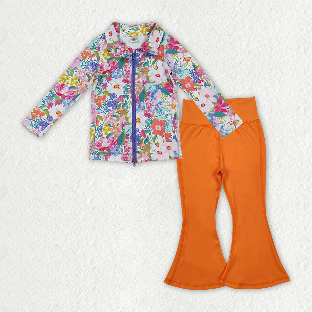 GLP2895 Baby Girls Floral Zipper Jacket Orange Bell Bottom Pants Yoga Active Clothes Sets