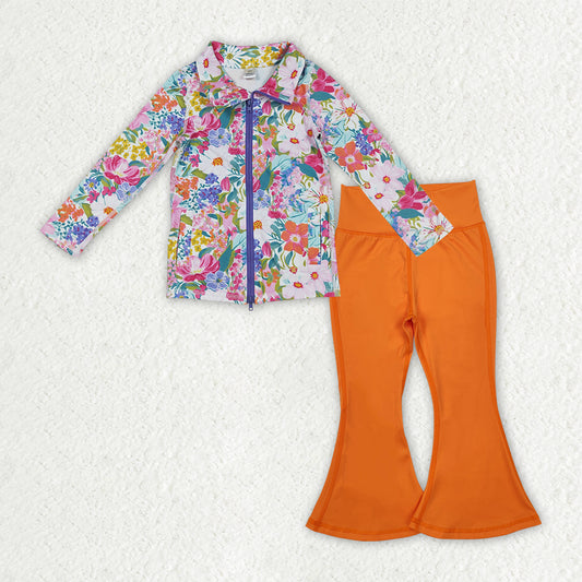 GLP2895 Baby Girls Floral Zipper Jacket Orange Bell Bottom Pants Yoga Active Clothes Sets