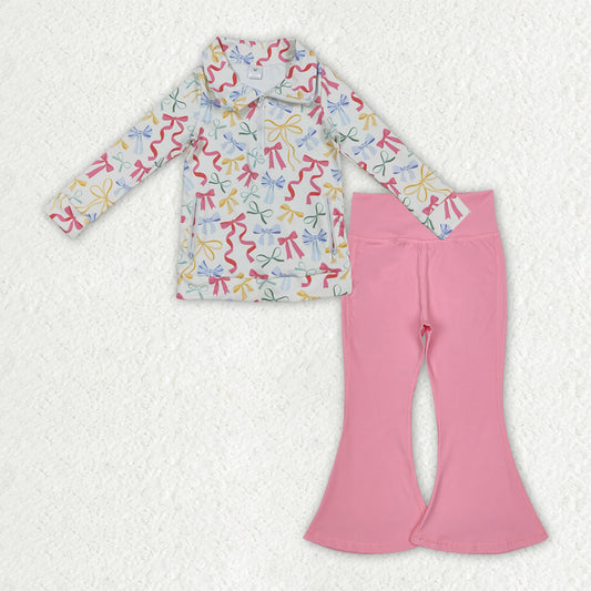 GLP2897 Baby Girls Colorful Bows Zipper Jacket Pink Bell Bottom Pants Yoga Active Clothes Sets