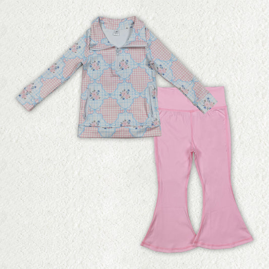 GLP2898 Baby Girls Flowers Checked Zipper Jacket Pink Bell Bottom Pants Yoga Active Clothes Sets
