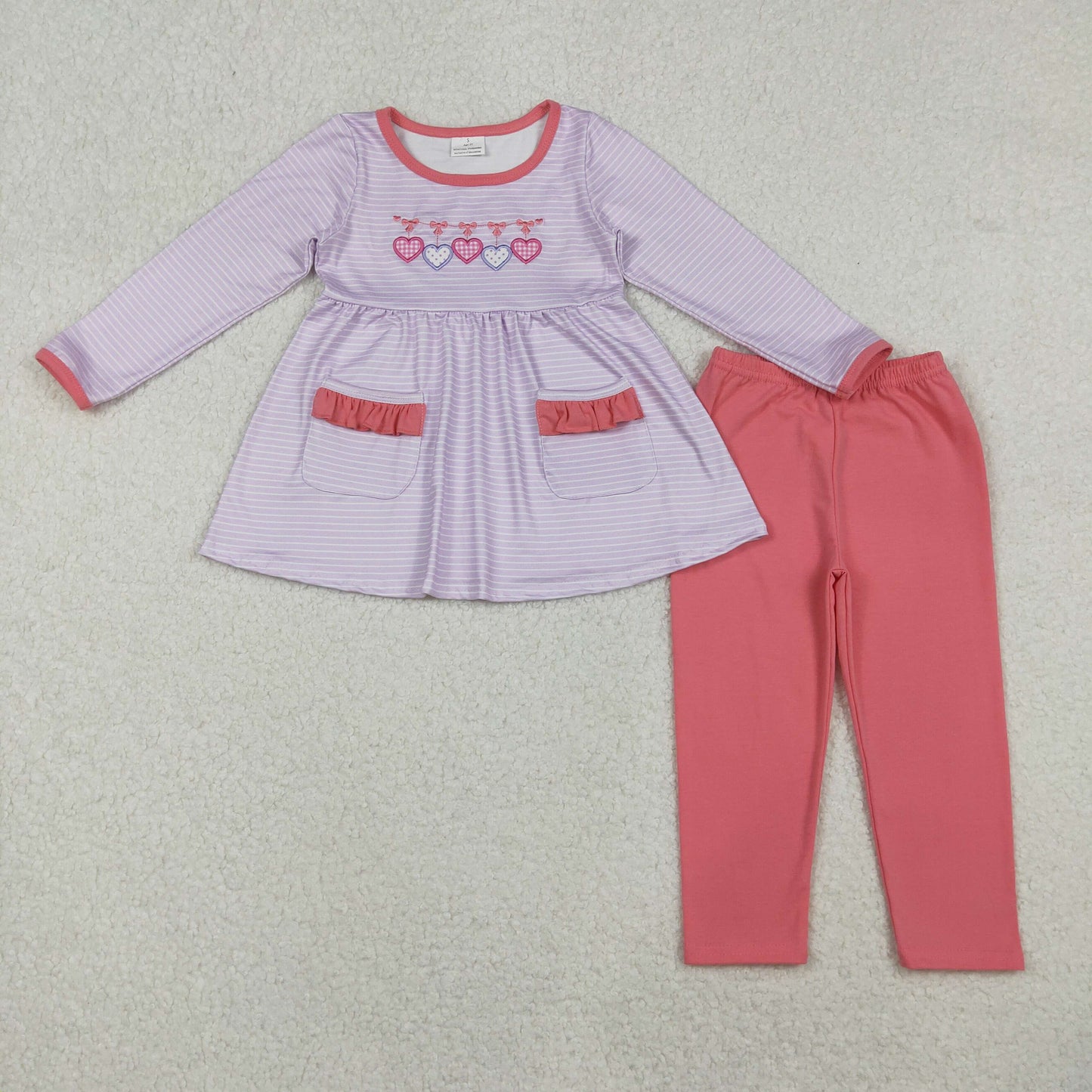 GLP2906 Baby Girls Embroidery Hearts Pockets Stripes Tunic Leggings Valentine Clothes Sets