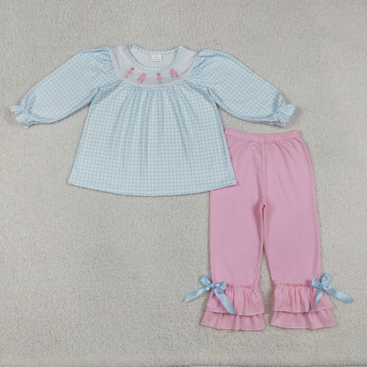 GLP2925 Baby Girls Embroidery Bows Dancers Checked Tunic Ruffle Pants Clothes Sets