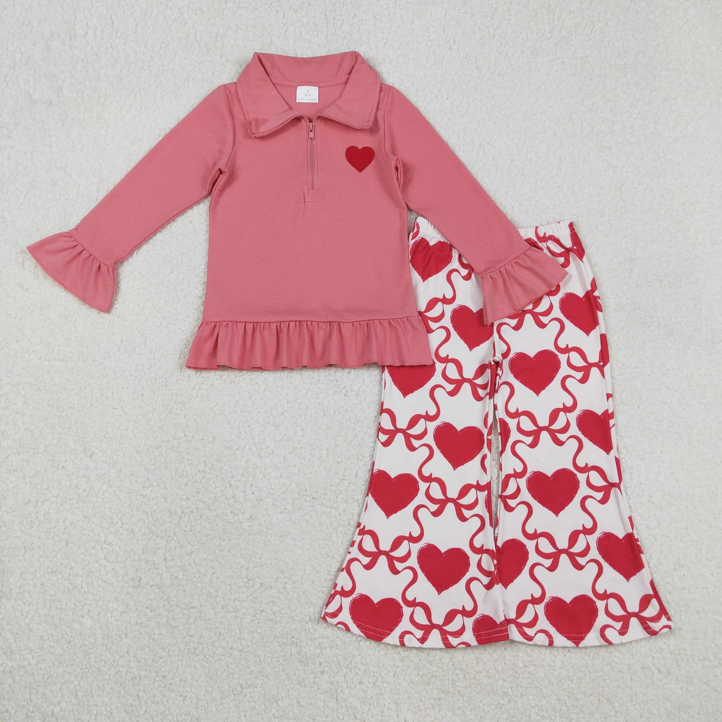 Sibling Baby Girls Embroidery Hearts Bows Zip Pullovers Flare Pants Valentines Clothes Sets