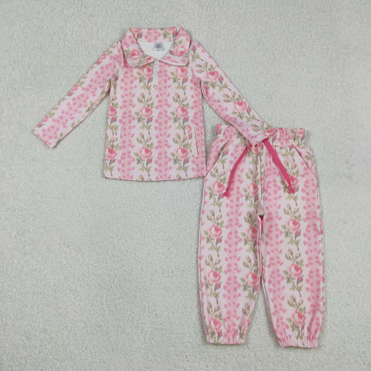 GLP2940 Baby Girls Pink Flowers Stripe Zipper Pullovers Pockets Joggers Clothes Sets