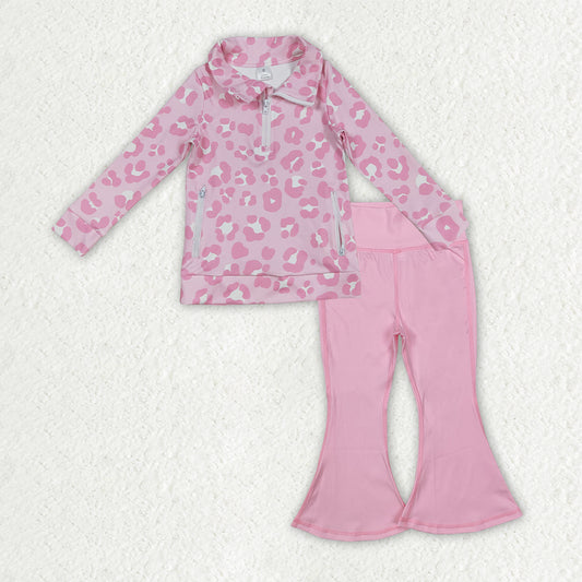 GLP2942 Baby Girls Pink Leopard Zipper Jacket Bell Bottom Pants Yoga Active Clothes Sets