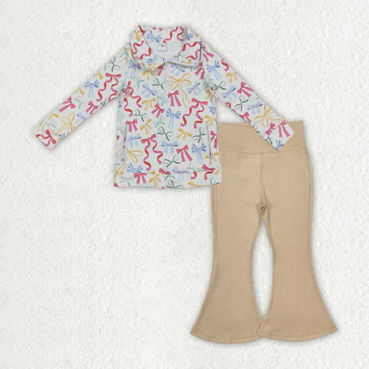 GLP2966 Baby Girls Colorful Bows Zipper Jacket Khaki Bell Bottom Pants Yoga Active Clothes Sets