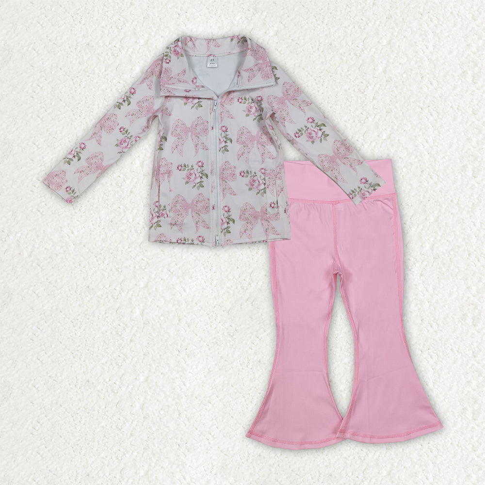 GLP2967 Baby Girls Pink Floral Bows Zipper Jacket Bell Bottom Pants Yoga Active Clothes Sets