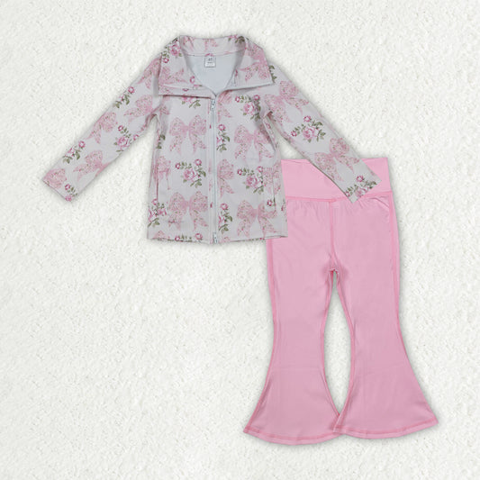 GLP2967 Baby Girls Pink Floral Bows Zipper Jacket Bell Bottom Pants Yoga Active Clothes Sets