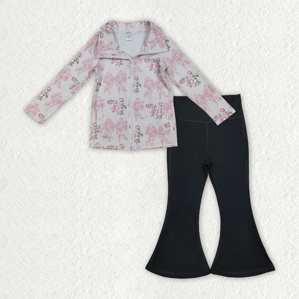 GLP2968 Baby Girls Floral Bows Zipper Jacket Black Bell Bottom Pants Yoga Active Clothes Sets
