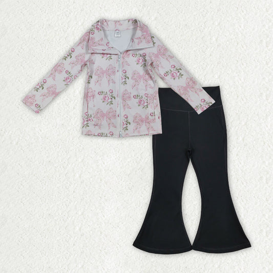 GLP2968 Baby Girls Floral Bows Zipper Jacket Black Bell Bottom Pants Yoga Active Clothes Sets