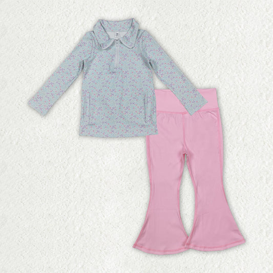 GLP2971 Baby Girls Floral Zipper Jacket Light Pink Bell Bottom Pants Yoga Active Clothes Sets