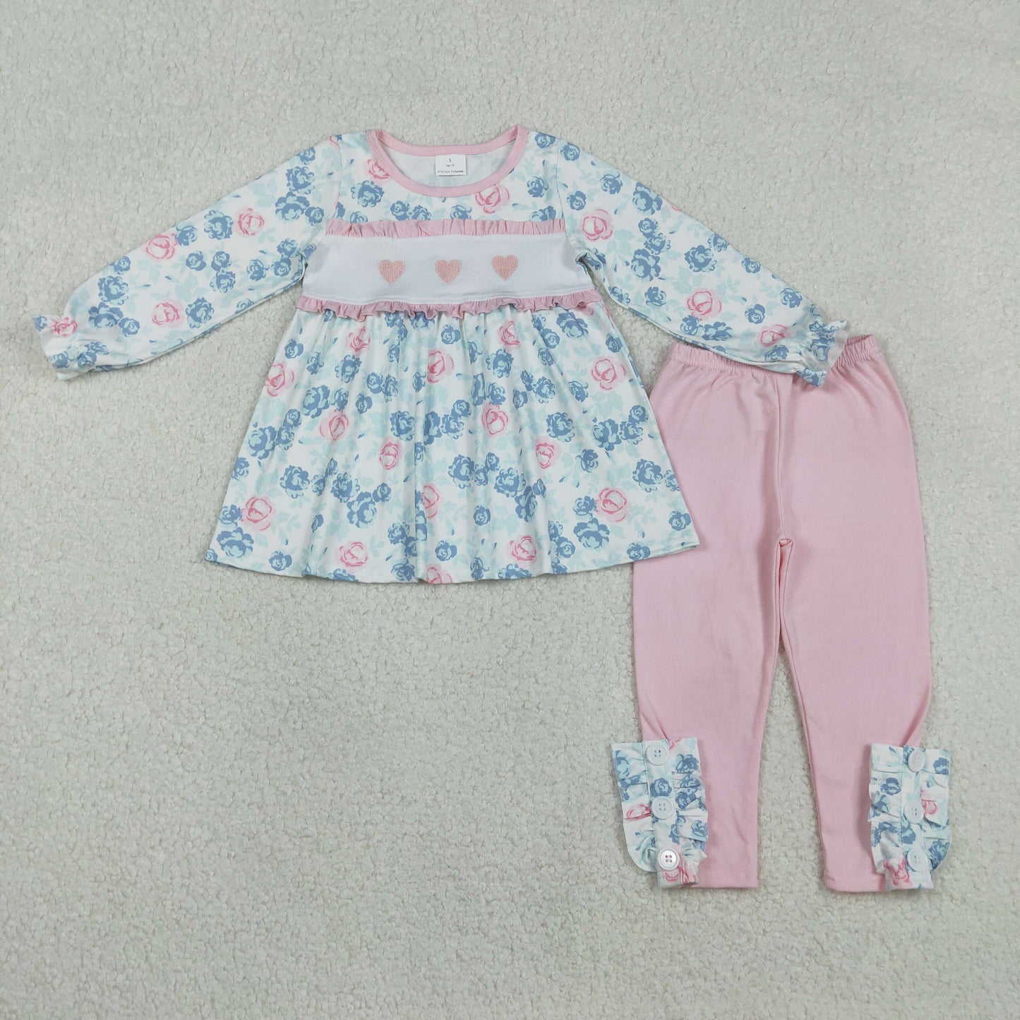 GLP2975 Baby Girls Embroidery Hearts Colorful Flowers Tunic Leggings Valentines Clothes Sets