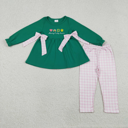 GLP3066 Baby Girls Embroidery Clovers Bows Tunic Checked Pants St Patrick Clothes Sets
