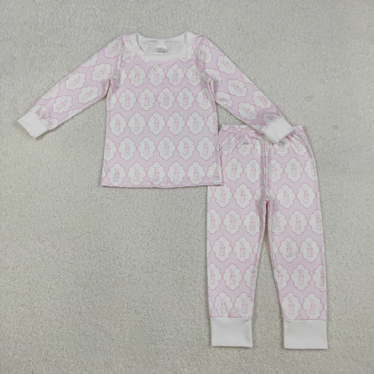 GLP3067 Baby Girls Pink Rabbits Checked Top Pants Easter Pajamas Sets