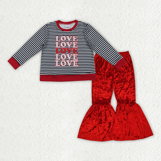 Baby Girls Black Stripe Hearts Love Top Red Velvet Bell Bottom Pants Valentine Clothes Sets