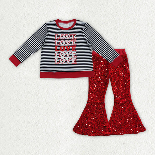 Baby Girls Black Stripe Hearts Love Top Red Sequin Bell Bottom Pants Valentine Clothes Sets