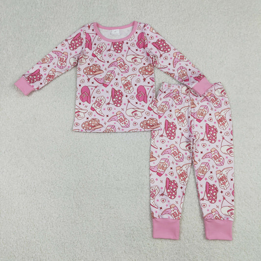 GLP3085 Baby Girls Pink Hats Boots Top Pants Western Pajamas Set