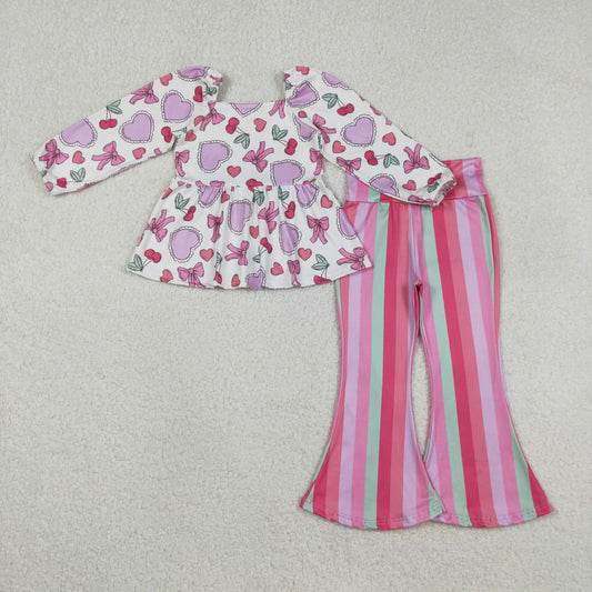 GLP3119 Baby Girls Pink Bows Cherry Tunic Stripe Bell Bottom Pants Valentines Clothes Sets