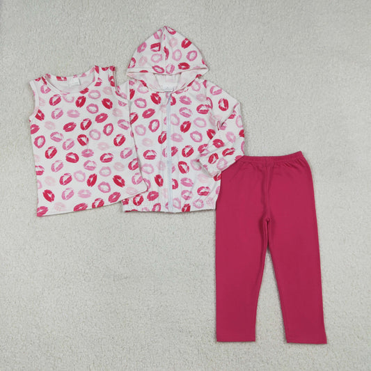 GLP3120 Baby Girls Pink Mouths Plaid Hoodies Zip Vest Top Leggings Valentines Clothes Set