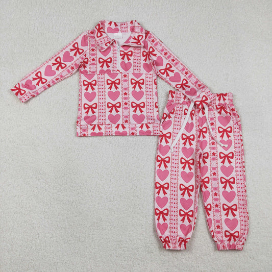 GLP3236 Baby Girls Hearts Bows Stripe Zipper Pullovers Pockets Joggers Valentines Clothes Sets