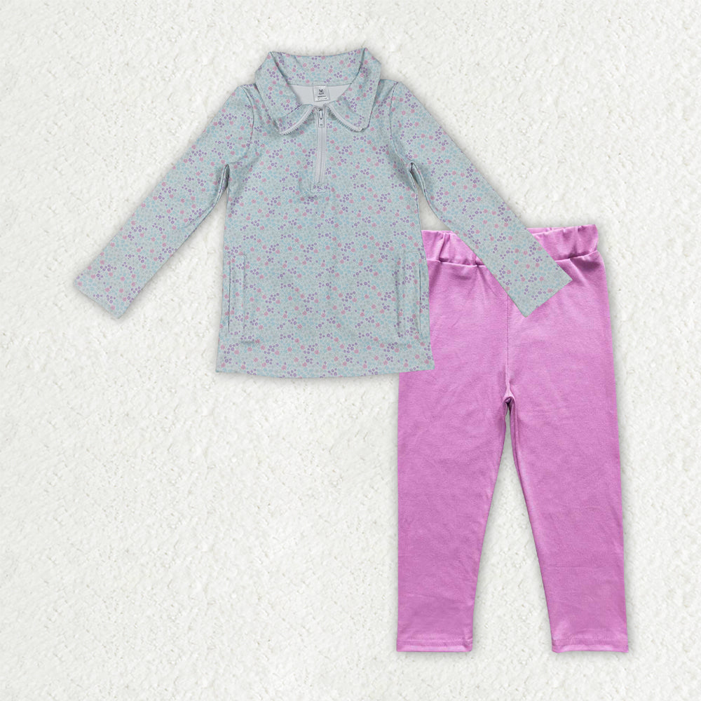 GLP3249 Baby Girls Blue Floral Zip Pockets Yoga Active Pullovers Pink Legging Pants Clothes Sets