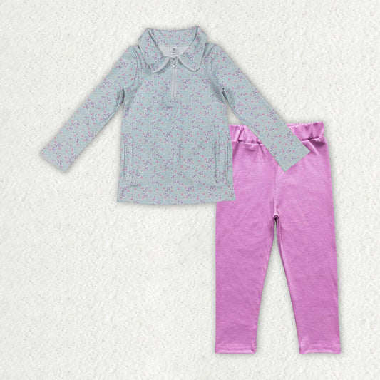 GLP3249 Baby Girls Blue Floral Zip Pockets Yoga Active Pullovers Pink Legging Pants Clothes Sets