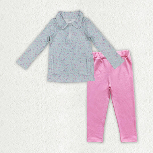 GLP3250 Baby Girls Blue Floral Zip Pockets Yoga Active Pullovers Pink Legging Pants Clothes Sets