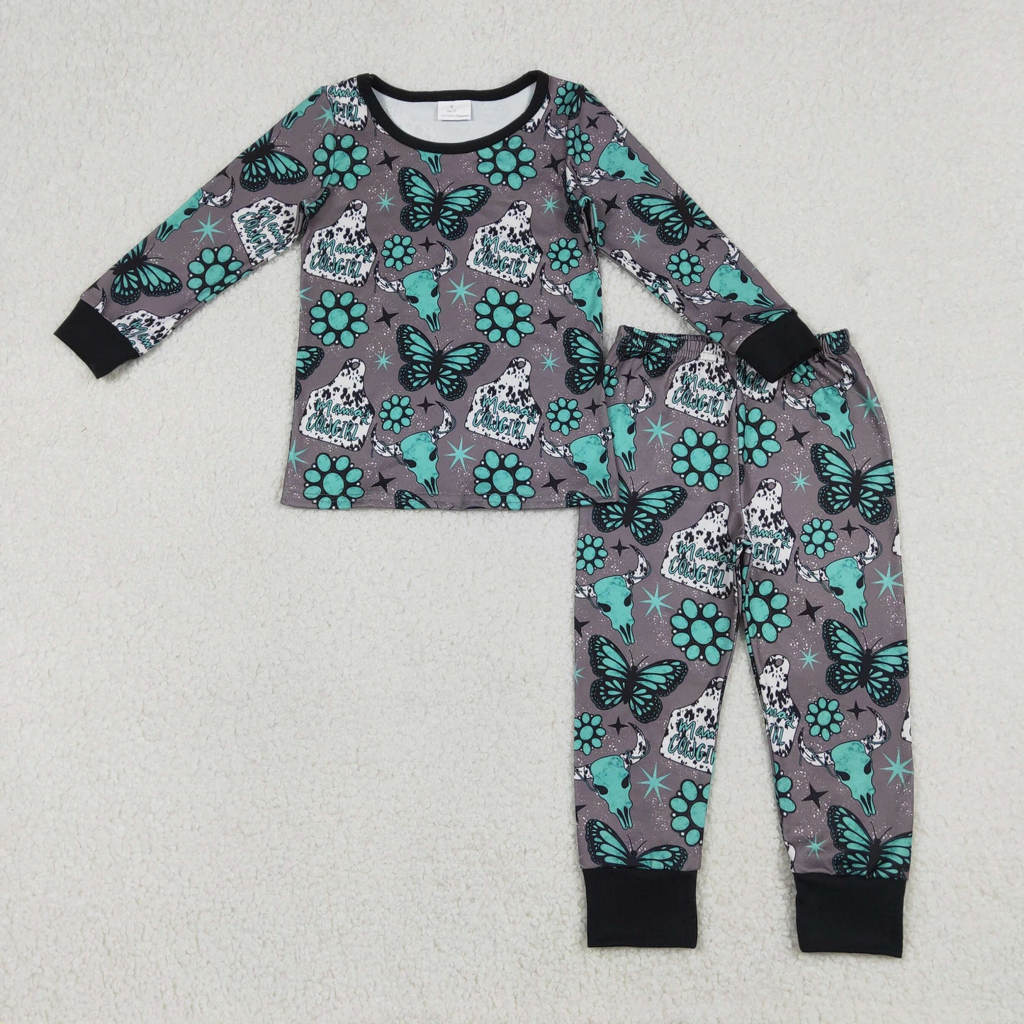 GLP3254 Baby Girls Mamas Cowgirl Butterfly Turquoises Top Pants Western Pajamas Set