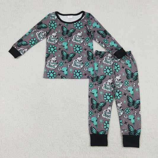 GLP3254 Baby Girls Mamas Cowgirl Butterfly Turquoises Top Pants Western Pajamas Set
