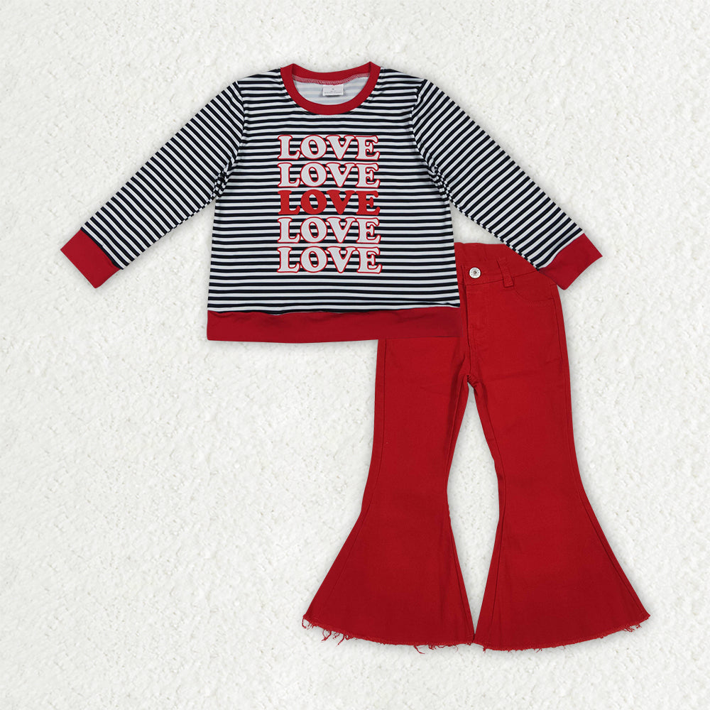 GLP3263 Baby Girls Stripe Loves Top Denim Bell Bottom Pants Valentines Clothes Sets