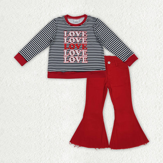 GLP3263 Baby Girls Stripe Loves Top Denim Bell Bottom Pants Valentines Clothes Sets