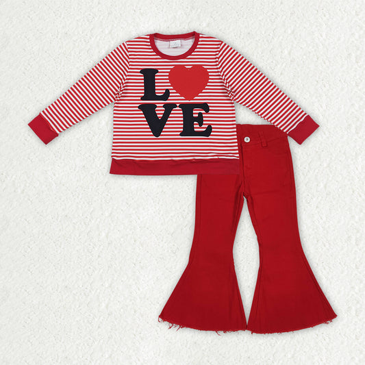 GLP3263 Baby Girls Stripe Loves Top Denim Bell Bottom Pants Valentines Clothes Sets