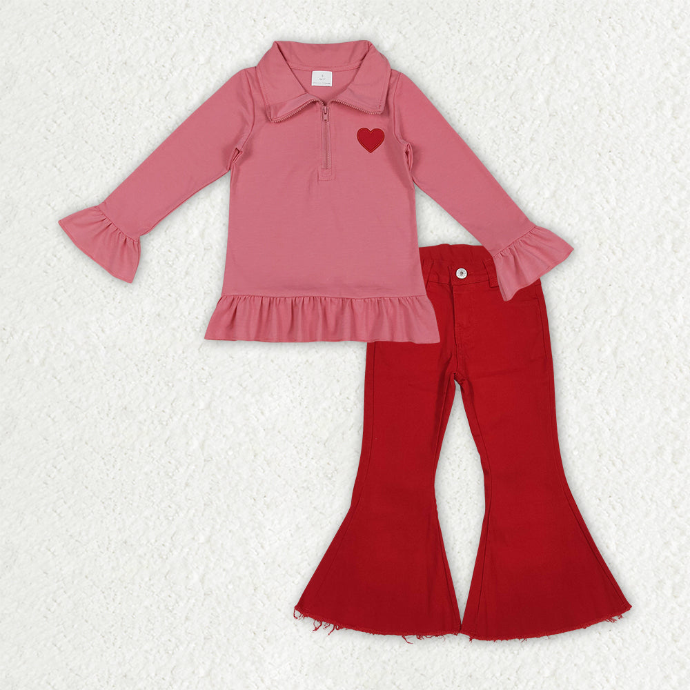 GLP3265 Baby Girls Embroidery Heart Zipper Pullover Denim Bell Bottom Pants Valentines Clothes Sets