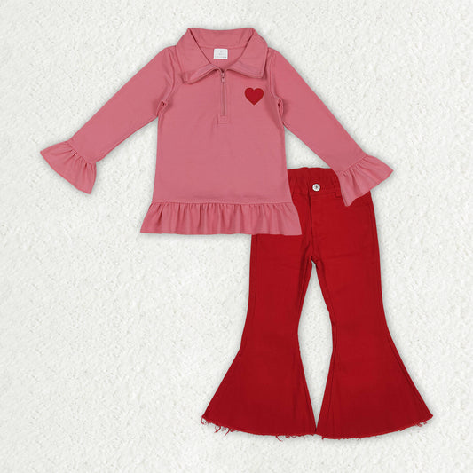 GLP3265 Baby Girls Embroidery Heart Zipper Pullover Denim Bell Bottom Pants Valentines Clothes Sets