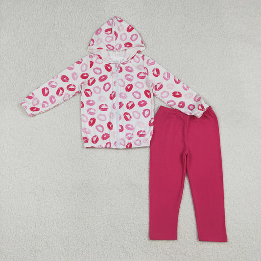 GLP3287 Baby Girls Pink Mouths Zipper Hoodie Jackets Leggings Valentines Clothes Sets