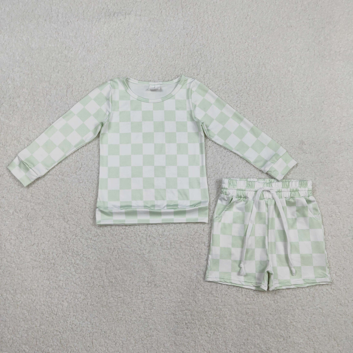 Sibling Baby Girls Long Sleeve Checked Top Pockets Short Pajamas Clothes Sets