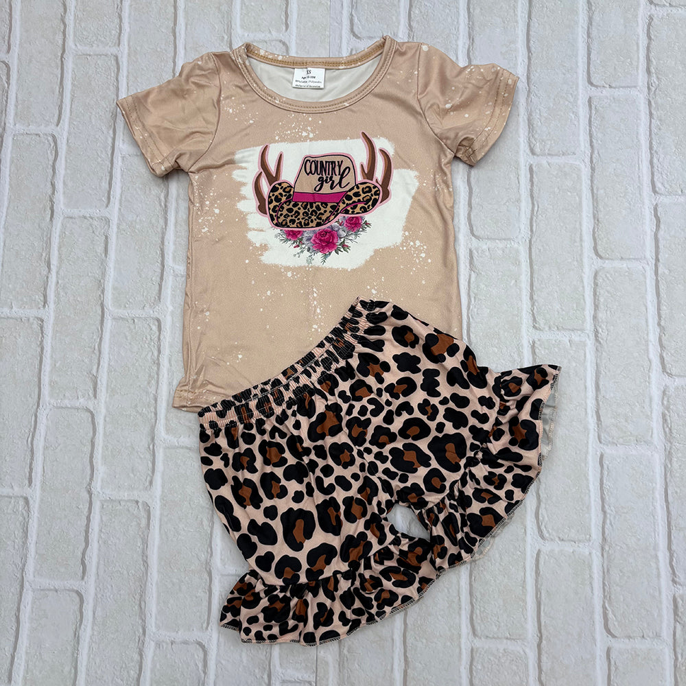 cowgirl t-shirts leopard Shorts Sets GSD0047