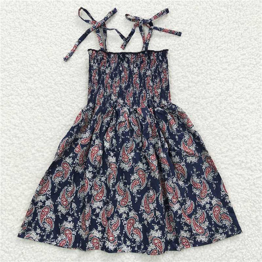 kids girls navy printed spaghetti strap dress GSD0366