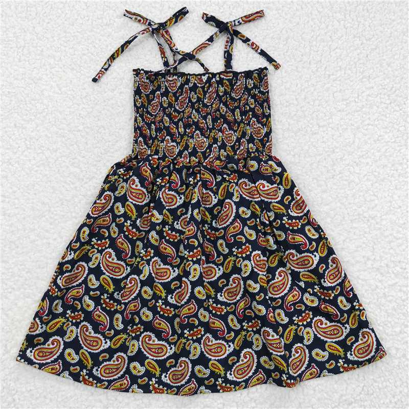 kids girls black printed spaghetti strap dress GSD0368